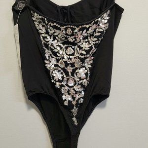 Vintage LA PERLA Ritmo Black Bodysuit w/ Jeweled & Beaded Back   Size 44/8